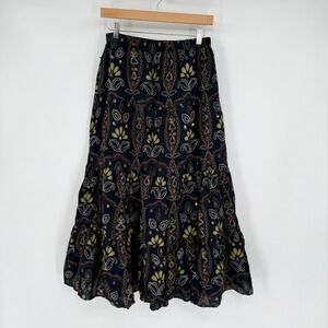 Chico's‎ Brown Long Tiered Skirt with Embroidered Paisley/Floral Pattern Women's